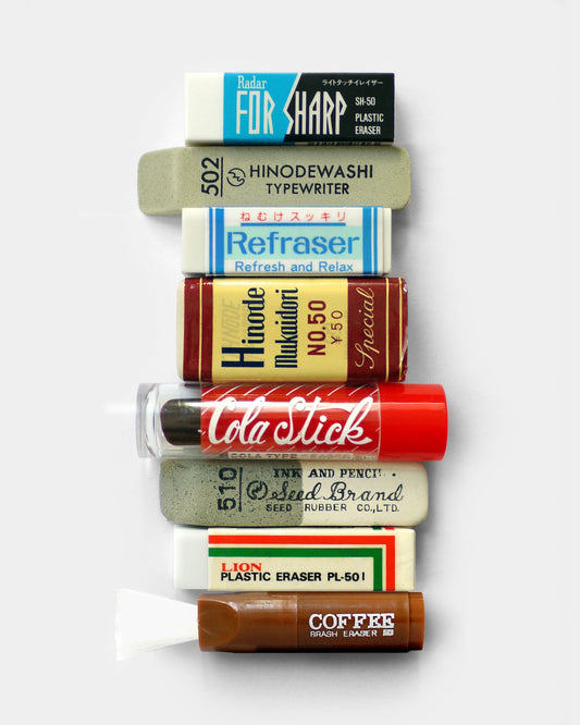 Typography on 33 erasers we have found and sold.